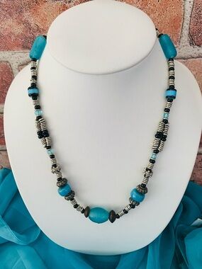 Blue Glass and Black Beaded Silver Accent Necklace